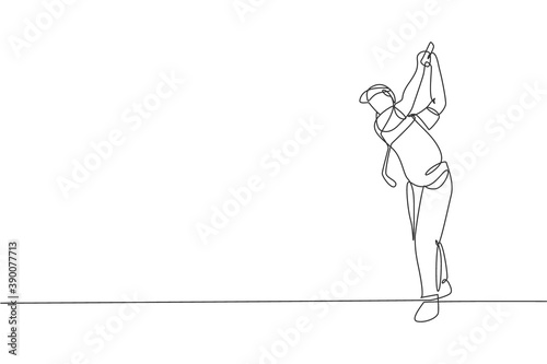 One continuous line drawing of young golf player swing golf club and hit the ball. Leisure sport concept. Dynamic single line draw design vector illustration graphic for tournament promotion media