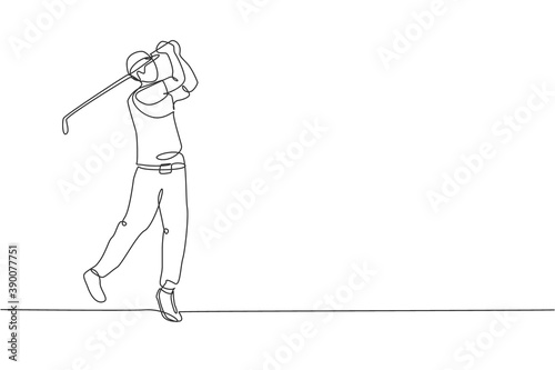 One single line drawing of young sporty golf player hit the ball using golf club graphic vector illustration. Healthy sport concept. Modern continuous line draw design for golf tournament poster