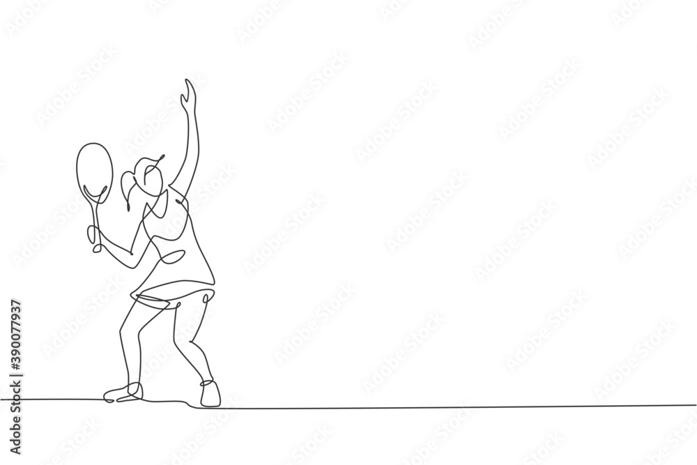 Single continuous line drawing of young agile tennis player prepare doing ball service. Sport exercise concept. Trendy one line draw design vector illustration for tennis tournament promotion media Single continuous line drawing of young agile tennis player prepare doing ball service. Sport exercise concept. Trendy one line draw design vector illustration for tennis tournament promotion media