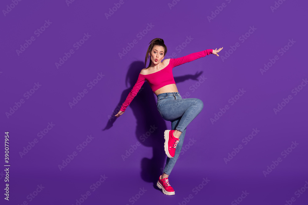 Full length body size view of attractive cheerful girl having fun jumping pout lips isolated bright violet color background