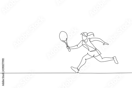 One continuous line drawing young happy woman tennis player run and hit the ball. Competitive sport concept. Dynamic single line draw design vector graphic illustration for tournament promotion poster