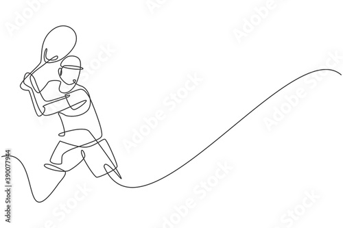 One single line drawing young energetic male tennis player hit the ball graphic vector illustration. Sport training concept. Modern continuous line draw design for tennis competition banner and poster