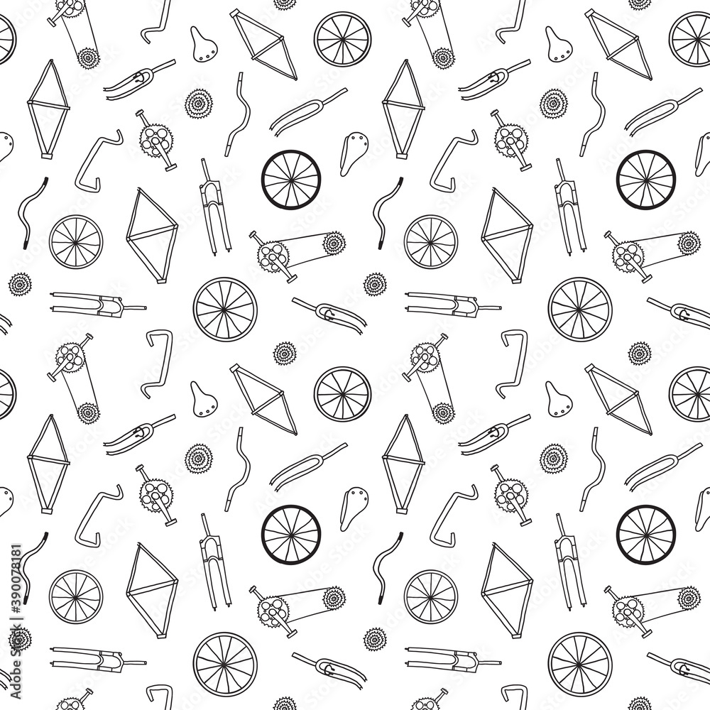 Doodle bicycle parts seamless pattern