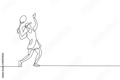 One single line drawing of young energetic woman tennis player ready to hit service ball vector illustration. Sport training concept. Modern continuous line draw design for tennis tournament banner