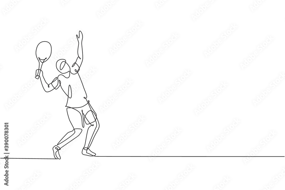 One continuous line drawing of young happy tennis player doing service and hit the ball. Competitive sport concept. Dynamic single line draw design vector illustration for tournament promotion poster One continuous line drawing of young happy tennis player doing service and hit the ball. Competitive sport concept. Dynamic single line draw design vector illustration for tournament promotion poster