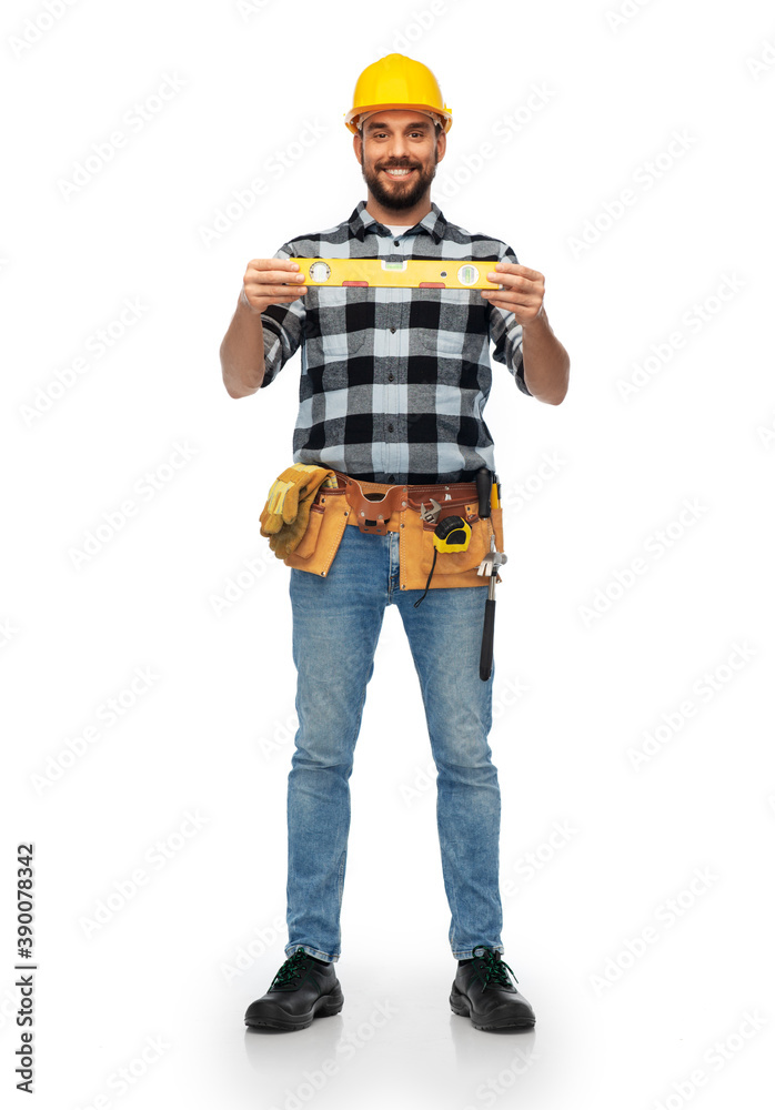 profession, construction and building - happy smiling male worker or builder in helmet with level over white background profession, construction and building - happy smiling male worker or builder in helmet with level over white background