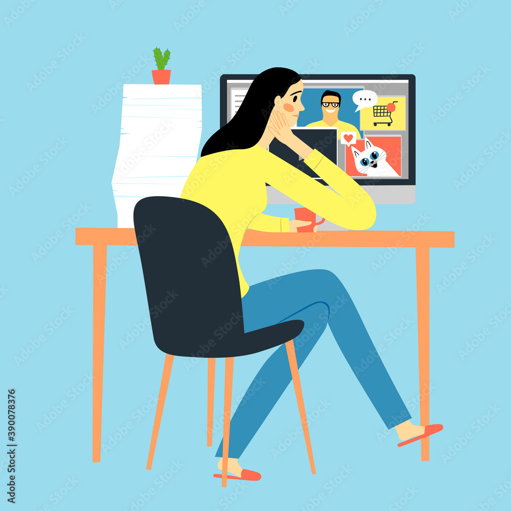 Fototapeta premium Sad woman working from home.