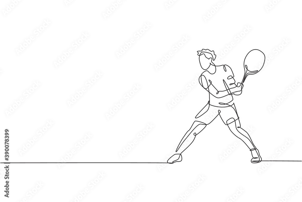 One single line drawing of young energetic tennis player prepare to hit the  ball vector illustration. Sport training concept. Modern continuous line  draw design for tennis tournament banner and poster Stock-vektor