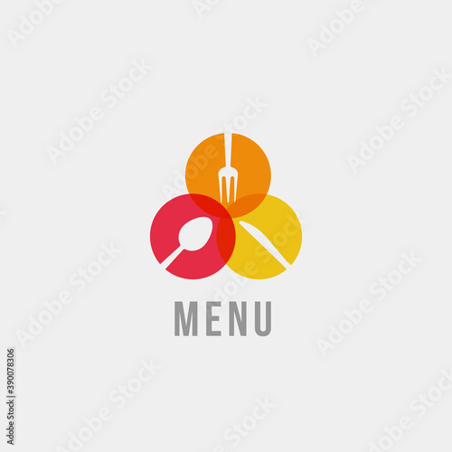 Spoon, knife and fork silhouette, isolated icon on grey background. Tableware in circles, flat cartoon style vector logo concept. Colorful menu icon for restaurant and food delivery business