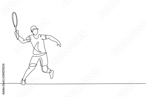 One single line drawing young energetic man tennis player hit the ball graphic vector illustration. Sport training concept. Modern continuous line draw design for tennis tournament banner and poster