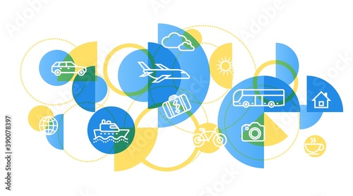 TRAVEL trip icons banner. Holiday planning, destination, tour organization concept. Thin line flat vector design of transport, plane, bicycle, ship, car, suitcase.