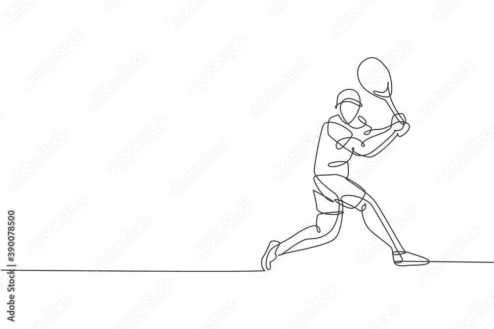 Single continuous line drawing of young agile tennis player prepare to hit opponents ball. Sport exercise concept. Trendy one line draw design vector illustration for tennis tournament promotion media Single continuous line drawing of young agile tennis player prepare to hit opponents ball. Sport exercise concept. Trendy one line draw design vector illustration for tennis tournament promotion media