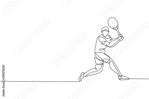 Single continuous line drawing of young agile tennis player prepare to hit opponents ball. Sport exercise concept. Trendy one line draw design vector illustration for tennis tournament promotion media