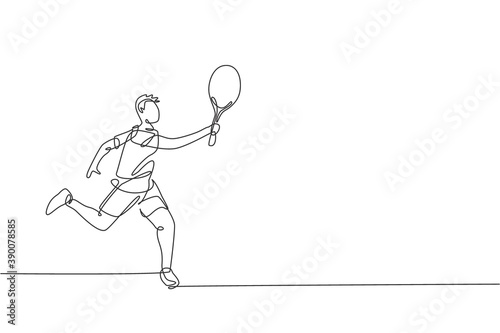 Single continuous line drawing of young agile man tennis player defense and hold the ball. Sport exercise concept. Trendy one line draw design vector illustration for tennis tournament promotion media © Simple Line