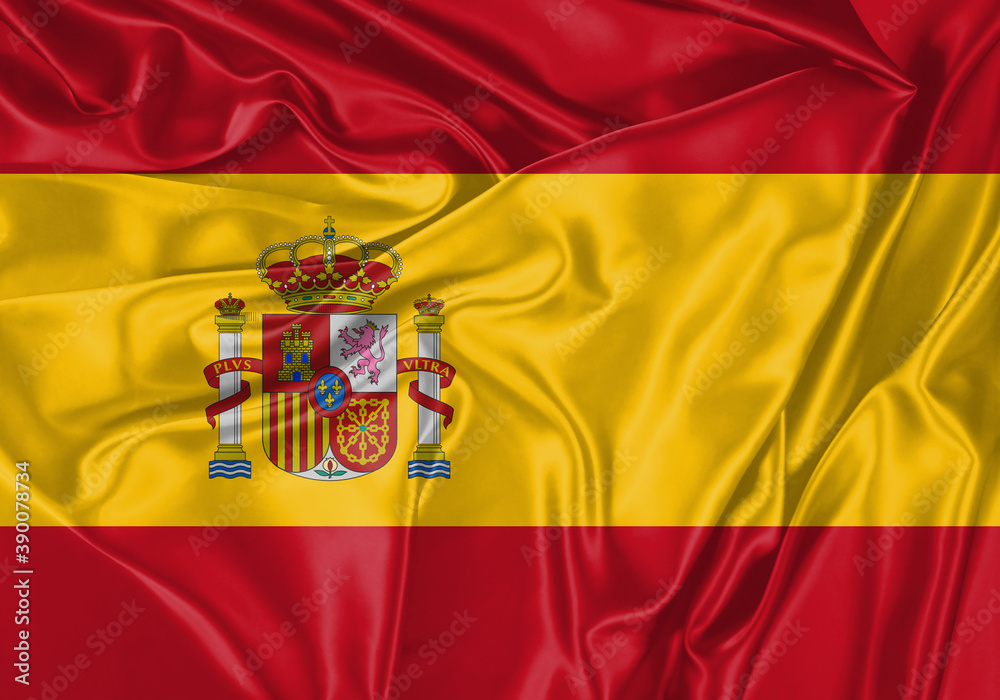Spain flag waving in the wind. National flag on satin cloth surface texture. Background for international concept. Spain flag waving in the wind. National flag on satin cloth surface texture. Background for international concept.
