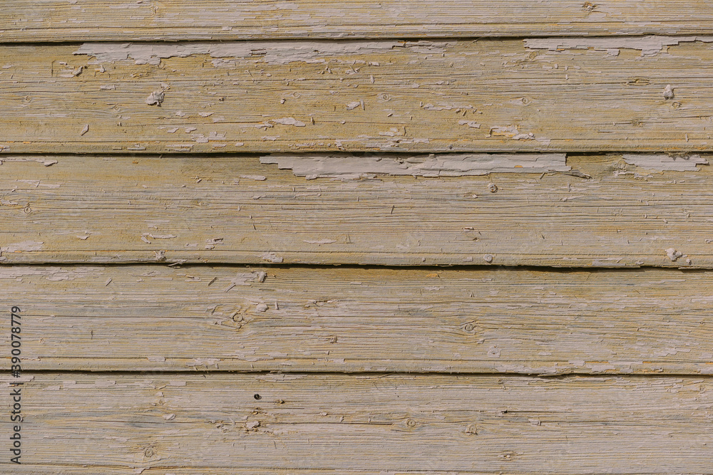 Fototapeta premium Closeup top view flatlay photography of brown old blank wooden surface with peeling paint remains. Abstract organic photo background.