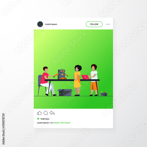 Children presenting cyborg at robotics class. Children showing robot to teacher. Vector illustration for education, robotic technology, school project concept