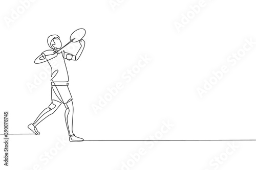 One continuous line drawing of young badminton player ready to hit shuttlecock with racket. Sport concept. Dynamic single line draw design vector illustration for tournament match promotion poster