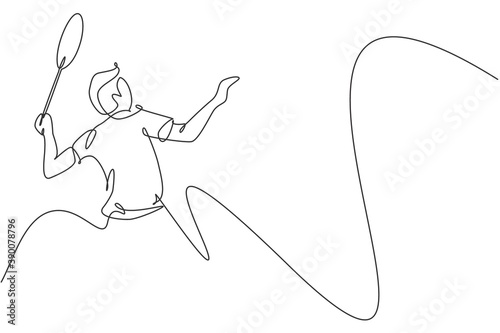 One continuous line drawing of young male badminton player hit shuttlecock with racket. Competitive sport concept. Dynamic single line draw design vector illustration for tournament match promotion