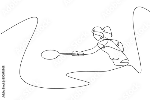 One continuous line drawing of young badminton player hit shuttlecock with racket. Sport training concept. Dynamic single line draw design vector illustration for tournament match promotion poster