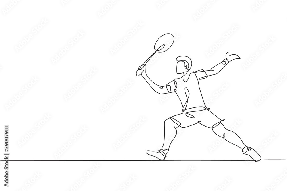 One single line drawing young energetic badminton player take a hit from opponent graphic vector illustration. Healthy sport concept. Modern continuous line draw design for badminton tournament poster One single line drawing young energetic badminton player take a hit from opponent graphic vector illustration. Healthy sport concept. Modern continuous line draw design for badminton tournament poster