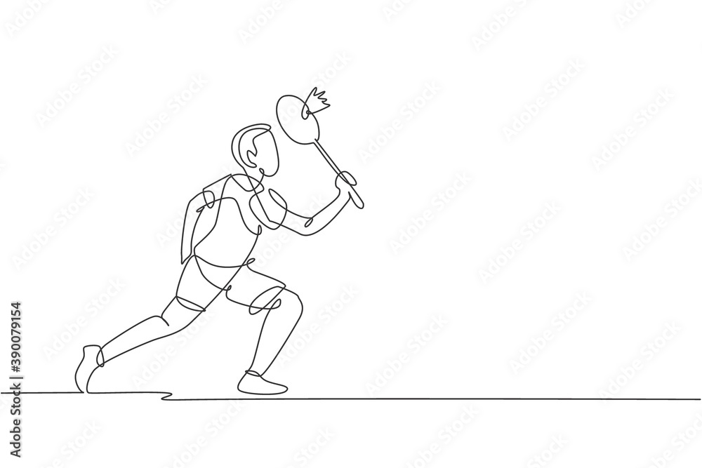Single continuous line drawing of young agile badminton player take a hit from opponent. Sport training concept. Trendy one line draw design vector illustration for badminton tournament publication Single continuous line drawing of young agile badminton player take a hit from opponent. Sport training concept. Trendy one line draw design vector illustration for badminton tournament publication