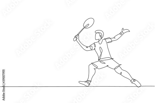 One single line drawing young energetic badminton player take a hit from opponent graphic vector illustration. Healthy sport concept. Modern continuous line draw design for badminton tournament poster