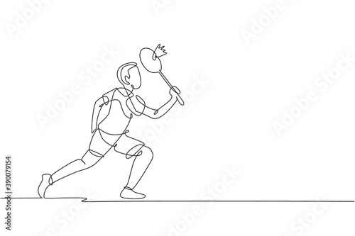 Single continuous line drawing of young agile badminton player take a hit from opponent. Sport training concept. Trendy one line draw design vector illustration for badminton tournament publication © Simple Line