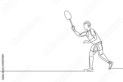 One continuous line drawing of young badminton player ready to take opponent serve. Sport exercise concept. Dynamic single line draw design vector illustration for tournament match promotion poster © Simple Line