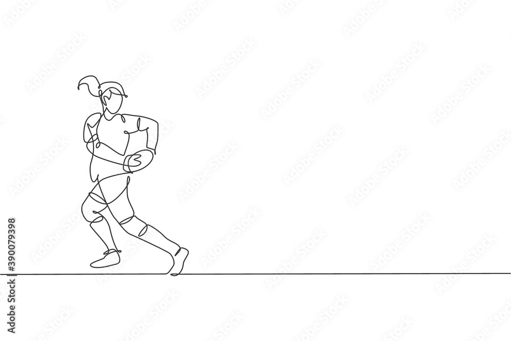 One continuous line drawing of young rugby player catch the ball and avoid opponent. Competitive aggressive sport concept. Dynamic single line draw design vector illustration for tournament promotion