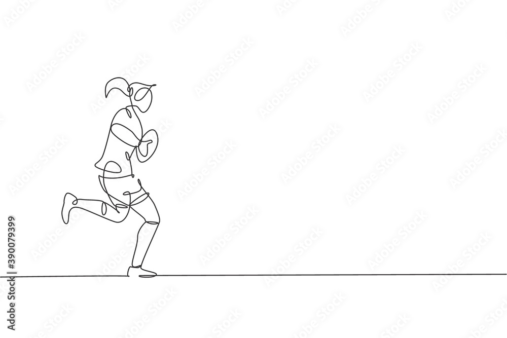 Single continuous line drawing of young agile rugby player running and holding the ball. Competitive sport concept. Trendy one line draw design vector illustration for rugby tournament promotion media Single continuous line drawing of young agile rugby player running and holding the ball. Competitive sport concept. Trendy one line draw design vector illustration for rugby tournament promotion media