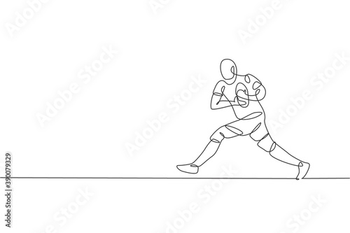 One single line drawing of young energetic rugby player running and holding ball vector illustration. Healthy teamwork sport concept. Modern continuous line draw design for rugby tournament poster