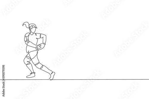 One continuous line drawing of young rugby player catch the ball and avoid opponent. Competitive aggressive sport concept. Dynamic single line draw design vector illustration for tournament promotion
