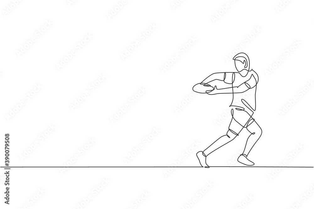 One continuous line drawing of young male rugby player catch the ball. Competitive aggressive sport concept. Dynamic single line draw design vector illustration for rugby tournament promotion media One continuous line drawing of young male rugby player catch the ball. Competitive aggressive sport concept. Dynamic single line draw design vector illustration for rugby tournament promotion media