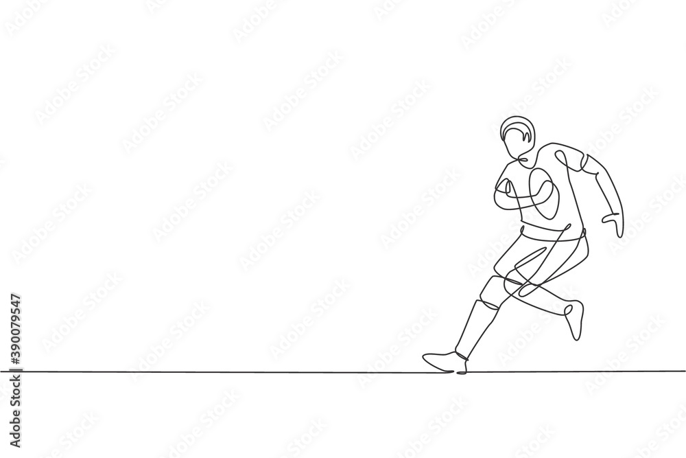 One single line drawing of young energetic rugby player training and practicing at field vector illustration. Full body contact sport concept. Modern continuous line draw design for rugby tournament