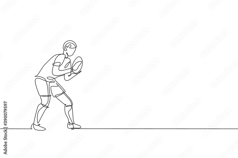 One continuous line drawing of young man rugby player catch the ball at match. Competitive aggressive sport concept. Dynamic single line draw design vector illustration for tournament promotion media One continuous line drawing of young man rugby player catch the ball at match. Competitive aggressive sport concept. Dynamic single line draw design vector illustration for tournament promotion media