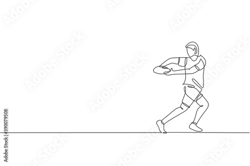 One continuous line drawing of young male rugby player catch the ball. Competitive aggressive sport concept. Dynamic single line draw design vector illustration for rugby tournament promotion media