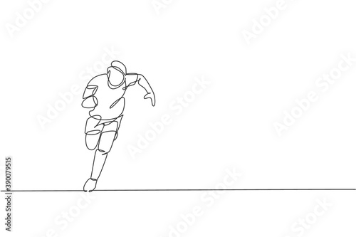 One continuous line drawing of young man rugby player run and hold the ball. Competitive aggressive sport concept. Dynamic single line draw design vector illustration for tournament promotion media