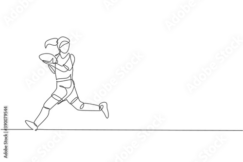 One continuous line drawing young rugby player run and catch the ball. Competitive aggressive sport concept. Dynamic single line draw design vector graphic illustration for tournament promotion poster