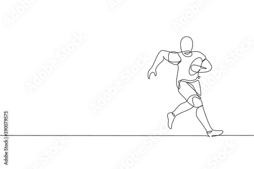 One single line drawing of young energetic man rugby player running to avoid rival chase vector illustration. Healthy sport concept. Modern continuous line draw design for rugby tournament banner © Simple Line