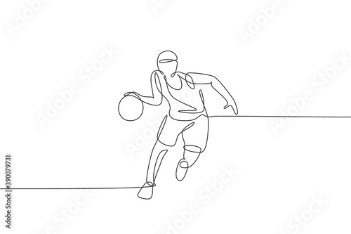 Single continuous line drawing of young agile basketball player dribbling the ball. Competitive sport concept. Trendy one line draw design vector illustration for basketball tournament promotion media
