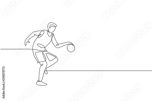 One single line drawing of young energetic basketball player train at court graphic vector illustration. Sports competition concept. Modern continuous line draw design for basketball tournament poster