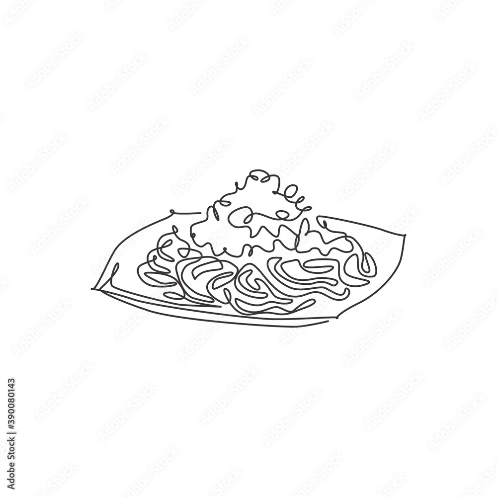 Single continuous line drawing of tasty delicious Italian spaghetti logo label. Pasta noodle restaurant concept. Modern one line draw design vector illustration for cafe, shop or food delivery service Single continuous line drawing of tasty delicious Italian spaghetti logo label. Pasta noodle restaurant concept. Modern one line draw design vector illustration for cafe, shop or food delivery service