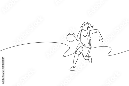 Single continuous line drawing of young healthy basketball female player dribbling. Competitive sport concept. Trendy one line draw design vector illustration for basketball tournament promotion media