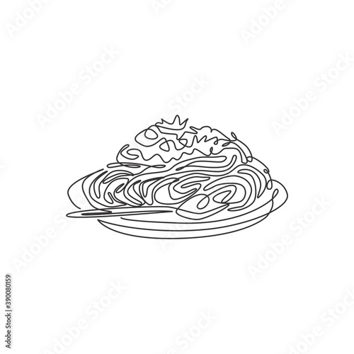 One single line drawing fresh delicious Italian spaghetti logo graphic vector illustration. Italy noodle fast food cafe menu and restaurant badge concept. Modern continuous line draw design logotype