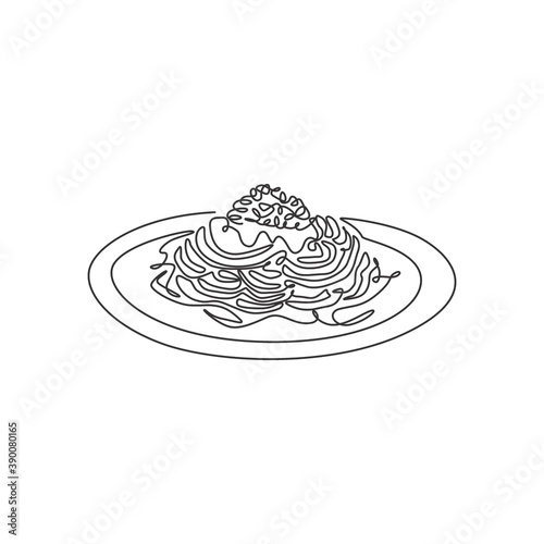 Single continuous line drawing of stylized Italian spaghetti logo label. Italy pasta noodle restaurant concept. Modern one line draw design vector illustration for cafe, shop or food delivery service