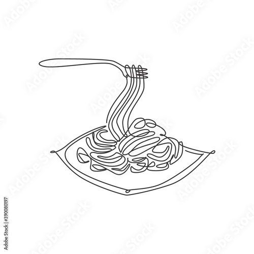 One single line drawing of fresh delicious Italian spaghetti logo vector illustration. Pasta fast food cafe menu and restaurant badge concept. Modern continuous line draw design street food logotype