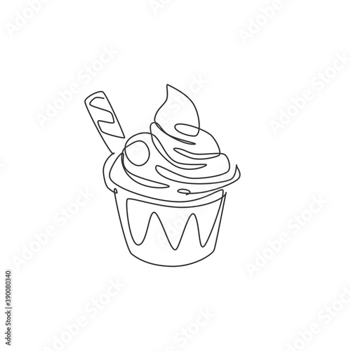One continuous line drawing of fresh delicious sundae ice cream cup with wafer stick logo emblem. Snack food cafe shop logotype template concept. Modern single line draw design vector illustration