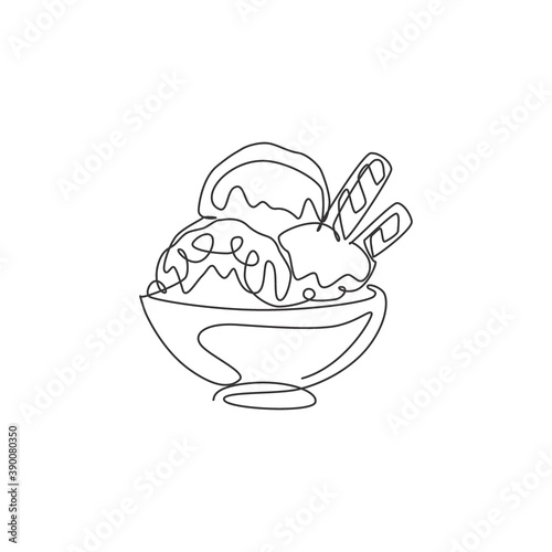 One single line drawing of fresh delicious ice cream cup with wafer stick and wafer roll vector illustration. Dessert menu restaurant concept. Modern continuous line draw design street food logotype