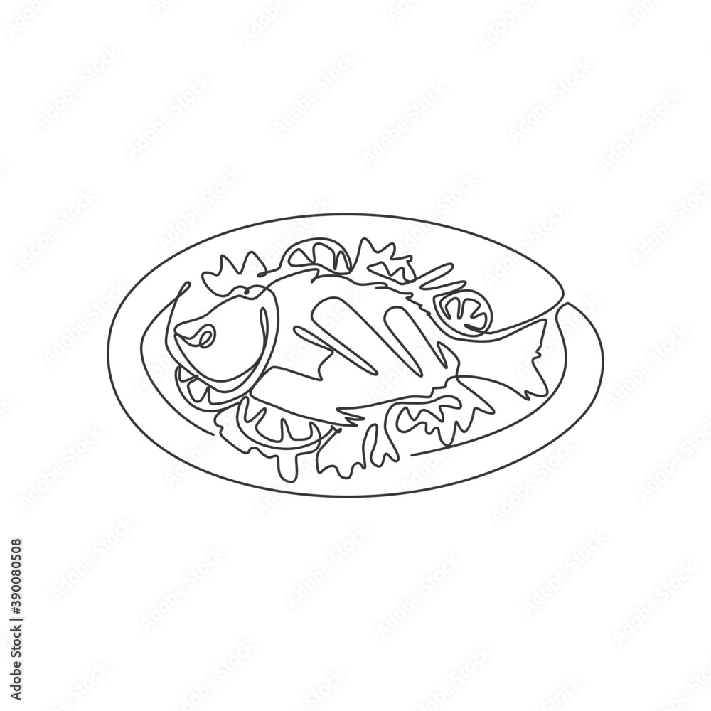 One continuous line drawing fresh delicious baked sea fish on plate restaurant logo emblem. Seafood menu cafe shop logotype template concept. Modern single line draw design vector graphic illustration One continuous line drawing fresh delicious baked sea fish on plate restaurant logo emblem. Seafood menu cafe shop logotype template concept. Modern single line draw design vector graphic illustration